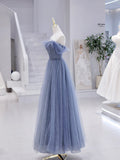 Blue Strapless Tulle Long Prom Dress, Blue A-Line Evening Dress HZ1024