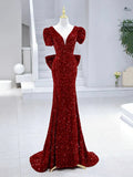 Mermaid Sequins Long Prom Dress, Burgundy V-Neck Evening Dress HZ1024