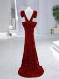 Mermaid Sequins Long Prom Dress, Burgundy V-Neck Evening Dress HZ1024
