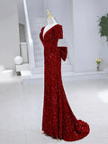 Mermaid Sequins Long Prom Dress, Burgundy V-Neck Evening Dress HZ1024
