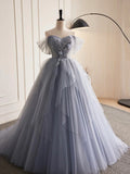 Gray Tulle Long A-Line Prom Dress, Off Shoulder Evening Dress Party Dress HZ1024
