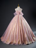 Pink Tulle Sequins Long Prom Dress, Beautiful A-Line Formal Dress Sweet 16 Dress HZ1024