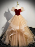 Cute Velvet Tulle Long Prom Dress, A-Line Short Sleeve Formal Dress HZ1024