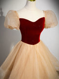 Cute Velvet Tulle Long Prom Dress, A-Line Short Sleeve Formal Dress HZ1024