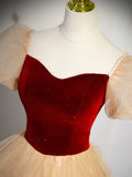 Cute Velvet Tulle Long Prom Dress, A-Line Short Sleeve Formal Dress HZ1024