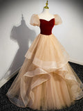 Cute Velvet Tulle Long Prom Dress, A-Line Short Sleeve Formal Dress HZ1024