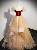 Cute Velvet Tulle Long Prom Dress, A-Line Short Sleeve Formal Dress HZ1024