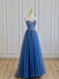 Blue Strapless Tulle Long Prom Dress with Beaded, A-Line Evening Formal Dress HZ1024