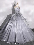 Gray Strapless Tulle Long Ball Gown, A-Line Evening Dress Formal Dress HZ1024