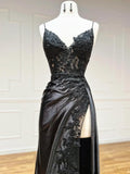 Black V-Neck Satin Lace Long Prom Dress, Black Spaghetti Strap Evening Dress with Slit HZ1024