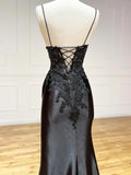 Black V-Neck Satin Lace Long Prom Dress, Black Spaghetti Strap Evening Dress with Slit HZ1024