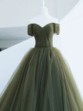 Green Tulle Long Prom Dress, A-Line Off Shoulder Evening Dress HZ1024