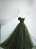 Green Tulle Long Prom Dress, A-Line Off Shoulder Evening Dress HZ1024