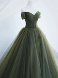 Green Tulle Long Prom Dress, A-Line Off Shoulder Evening Dress HZ1024