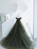 Green Tulle Long Prom Dress, A-Line Off Shoulder Evening Dress HZ1024