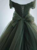 Green Tulle Long Prom Dress, A-Line Off Shoulder Evening Dress HZ1024
