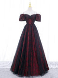 Black Tulle A-Line Prom Dress with Rose Print, Black Off Shoulder Evening Party Dress HZ1024
