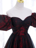 Black Tulle A-Line Prom Dress with Rose Print, Black Off Shoulder Evening Party Dress HZ1024