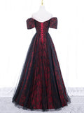 Black Tulle A-Line Prom Dress with Rose Print, Black Off Shoulder Evening Party Dress HZ1024
