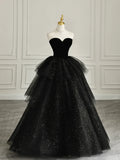 Black Strapless Tulle Formal Dress with Velvet, A-Line Sweetheart Neck Long Prom Dress HZ1024