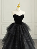 Black Strapless Tulle Formal Dress with Velvet, A-Line Sweetheart Neck Long Prom Dress HZ1024