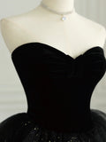 Black Strapless Tulle Formal Dress with Velvet, A-Line Sweetheart Neck Long Prom Dress HZ1024
