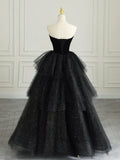 Black Strapless Tulle Formal Dress with Velvet, A-Line Sweetheart Neck Long Prom Dress HZ1024
