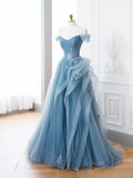 Blue Tulle Lace Long Formal Dress, A-Line Blue Evening Prom Dress HZ1024