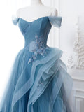 Blue Tulle Lace Long Formal Dress, A-Line Blue Evening Prom Dress HZ1024