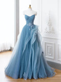 Blue Tulle Lace Long Formal Dress, A-Line Blue Evening Prom Dress HZ1024