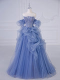 Blue Tulle Beaded Long Prom Dress, Blue A-Line Evening Party Dress HZ1024