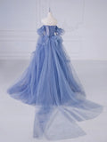 Blue Tulle Beaded Long Prom Dress, Blue A-Line Evening Party Dress HZ1024