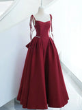 Burgundy Satin Long Prom Dress, A-Line Evening Dress with Bow HZ1024