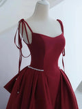 Burgundy Satin Long Prom Dress, A-Line Evening Dress with Bow HZ1024