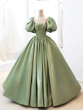 Green Satin Formal Evening Gown with Puff Sleeve, A-Line Long Prom Dress HZ1024