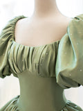 Green Satin Formal Evening Gown with Puff Sleeve, A-Line Long Prom Dress HZ1024