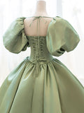Green Satin Formal Evening Gown with Puff Sleeve, A-Line Long Prom Dress HZ1024
