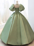 Green Satin Formal Evening Gown with Puff Sleeve, A-Line Long Prom Dress HZ1024