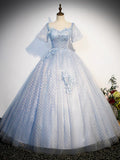Blue Tulle Lace Long Prom Dress, Shiny A-Line Short Sleeve Evening Dress HZ1024