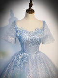 Blue Tulle Lace Long Prom Dress, Shiny A-Line Short Sleeve Evening Dress HZ1024