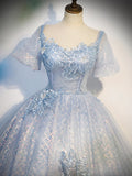 Blue Tulle Lace Long Prom Dress, Shiny A-Line Short Sleeve Evening Dress HZ1024