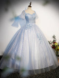 Blue Tulle Lace Long Prom Dress, Shiny A-Line Short Sleeve Evening Dress HZ1024
