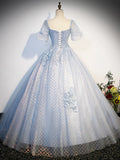 Blue Tulle Lace Long Prom Dress, Shiny A-Line Short Sleeve Evening Dress HZ1024
