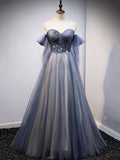 Blue Sweetheart Tulle with Lace Party Dress, Blue Long Formal Dress HZ1024