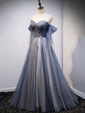 Blue Sweetheart Tulle with Lace Party Dress, Blue Long Formal Dress HZ1024
