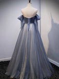 Blue Sweetheart Tulle with Lace Party Dress, Blue Long Formal Dress HZ1024