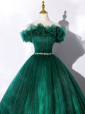 Green Off Shoulder Tulle Formal Dress, A-Line Long Prom Dress HZ1024