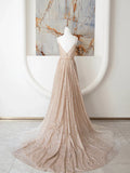Champagne Spaghetti Strap Sequins Long Prom Dress, Shiny V-Neck Evening Dress HZ1024