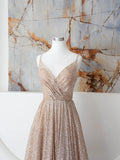 Champagne Spaghetti Strap Sequins Long Prom Dress, Shiny V-Neck Evening Dress HZ1024