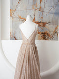 Champagne Spaghetti Strap Sequins Long Prom Dress, Shiny V-Neck Evening Dress HZ1024